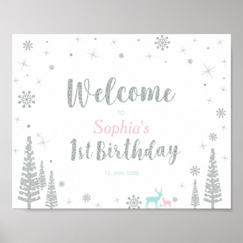 Winter Girl 1st Birthday Party Welcome Sign Poster