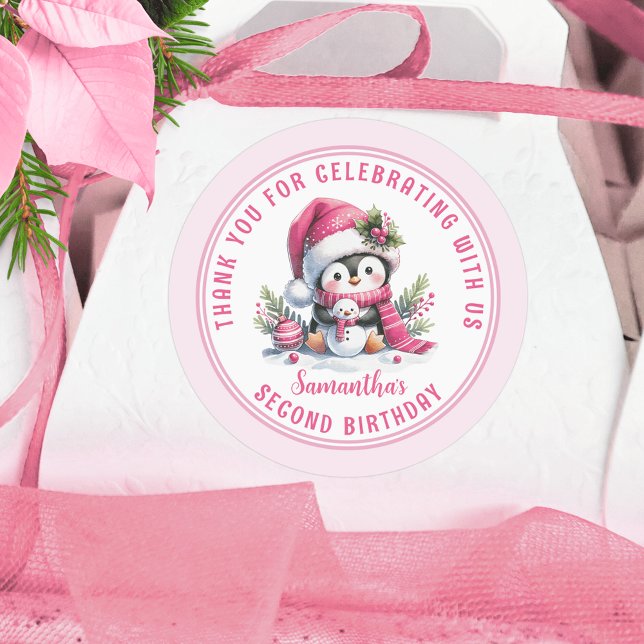 Winter Girl 2nd Birthday Cute Penguin Thank You Classic Round Sticker (Creator Uploaded)