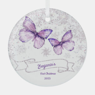Winter  Girl Butterfly Baby First birthday  Glass Ornament