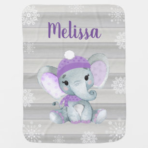 Winter Girl Elephant Rustic Blanket with Name Snow