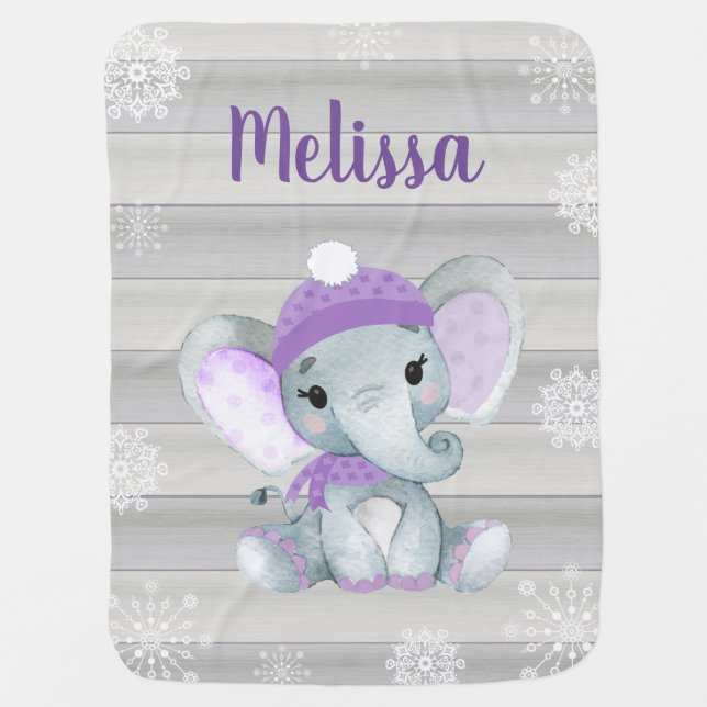 Winter Girl Elephant Rustic Blanket with Name Snow (Front)