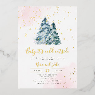 Winter Girl Pink Gold Snowflakes Baby Shower Foil Invitation