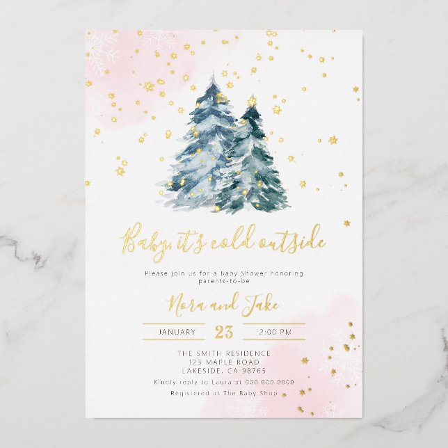 Winter Girl Pink Gold Snowflakes Baby Shower Foil Invitation (Front)