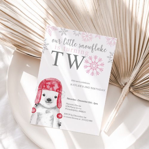 Winter Girl Polar Bear 2nd Birthday Invitation