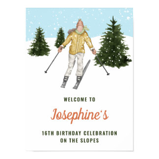 Winter Girl Skiing Downhill Ski Birthday Welcome Poster