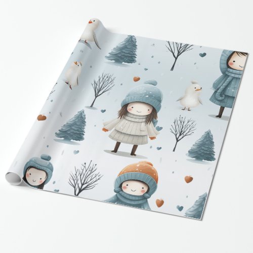 Winter Girl Trees and Birds Wrapping Paper