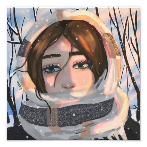 Winter Girl with a Scarf Handdrawn Digital Art Photo Print
