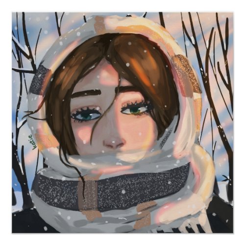 Winter Girl with a Scarf Handdrawn Digital Art Poster