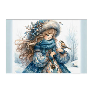 Winter Girl with Bird in Blue Floral Coat Acrylic Print