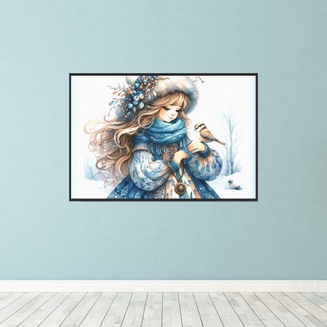 Winter Girl with Bird in Blue Floral Coat Canvas Print (Insitu(Wood Floor))