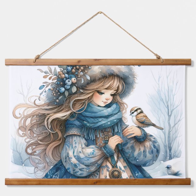 Winter Girl with Bird in Blue Floral Coat Hanging Tapestry (Front)