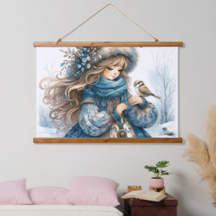 Winter Girl with Bird in Blue Floral Coat Hanging Tapestry