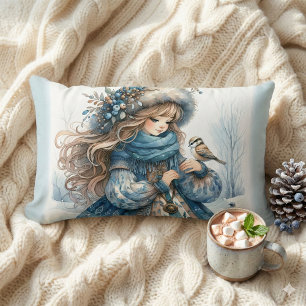 Winter Girl with Bird in Blue Floral Coat Lumbar Pillow