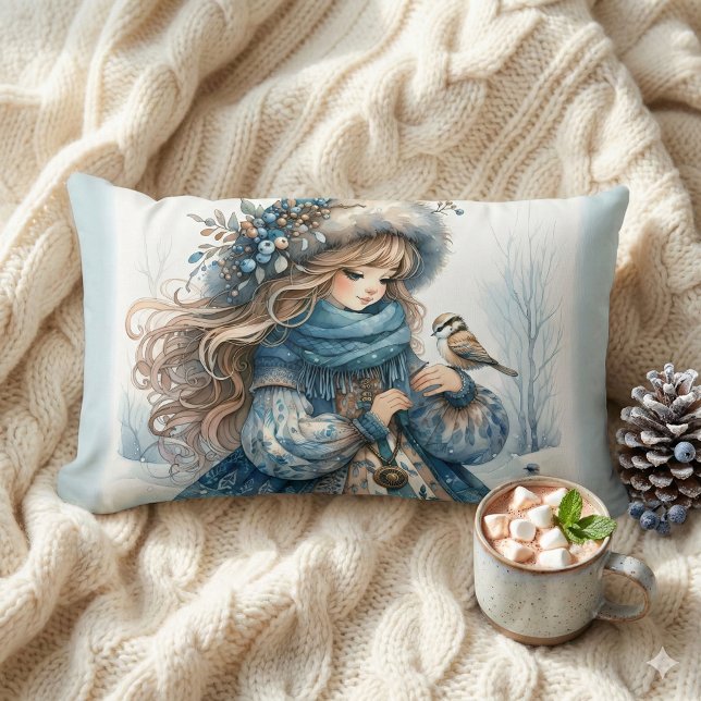 Winter Girl with Bird in Blue Floral Coat Lumbar Pillow (Winter Girl with Bird in Blue Floral Coat Lumbar Pillow Mockup A)