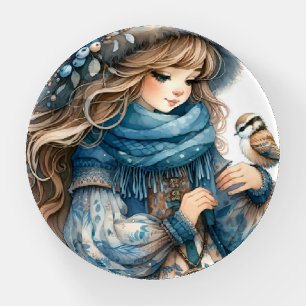 Winter Girl with Bird in Blue Floral Coat Paperweight