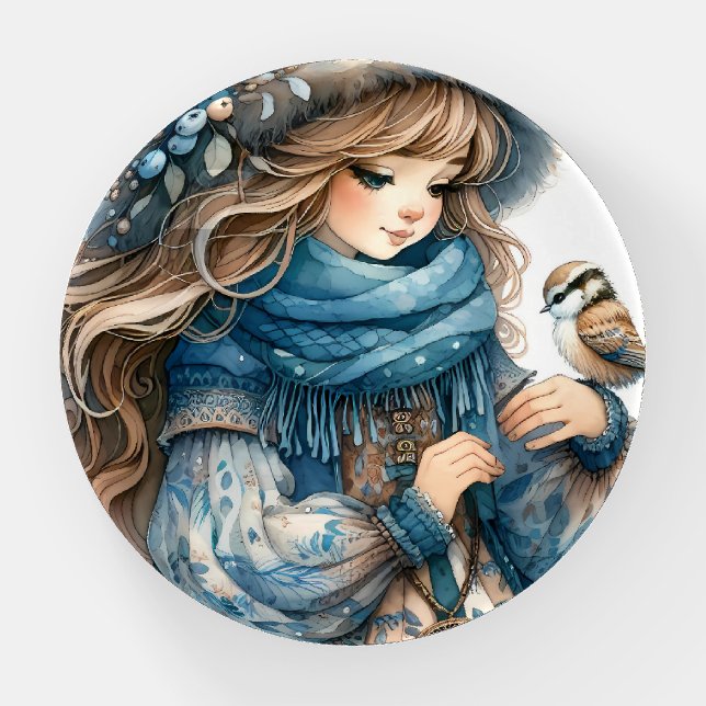 Winter Girl with Bird in Blue Floral Coat Paperweight (Front)