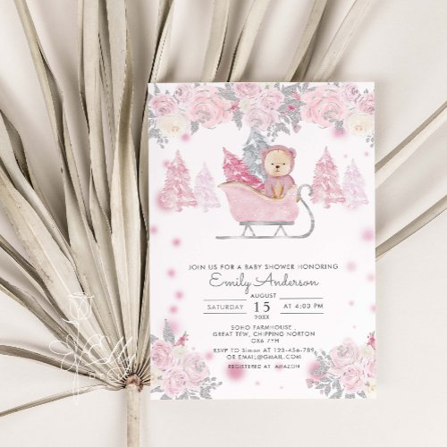 Winter Girl Woodland Bear Floral Baby Shower Invitation