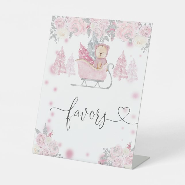 Winter Girl Woodland Bear Floral Favors Pedestal Sign (Front)