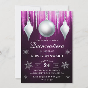 Winter Glass Baubles & Snowflakes Quinceanera Invitation