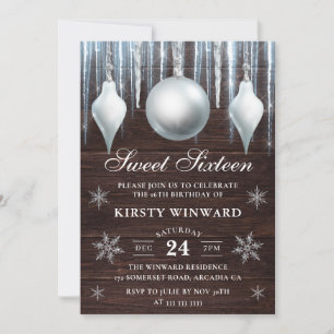 Winter Glass Baubles & Snowflakes Sweet Sixteen Invitation