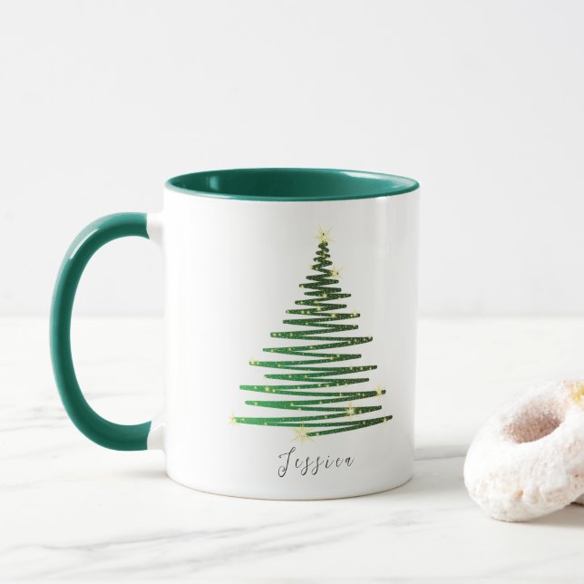 Winter Glitter Green Tree Personalized Christmas Mug (With Donut)