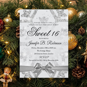 Winter Glitter & Ribbon Sweet 16 Birthday Party Invitation