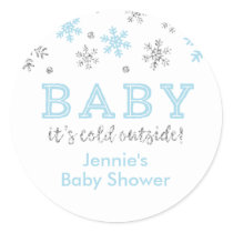 Winter Glitter Snowflake Shower Favor Tag, Blue Classic Round Sticker