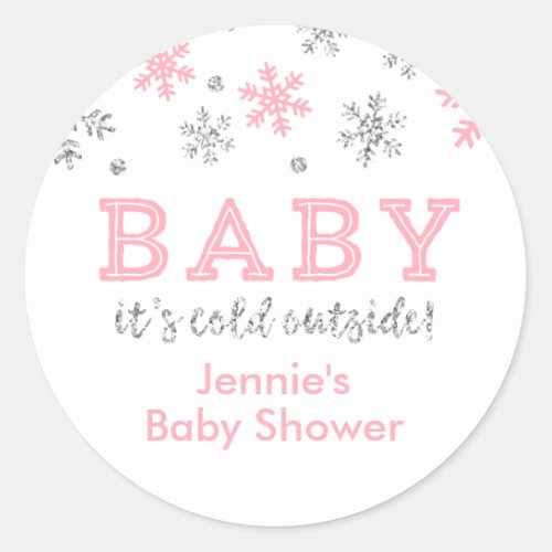 Winter Glitter Snowflake Shower Favor Tag Pink Classic Round Sticker