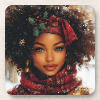 Winter Glow Afrocentric Queen – Holiday Art Beverage Coaster