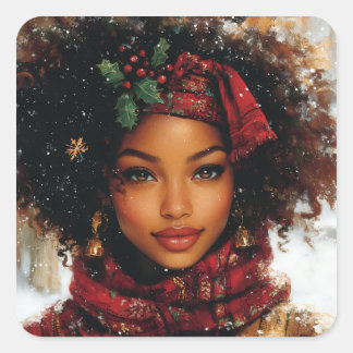 Winter Glow Afrocentric Queen – Holiday Art Square Sticker
