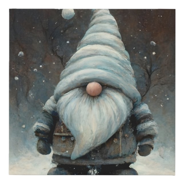 Winter Gnome in a Snowy Forest Faux Canvas Print (Front)