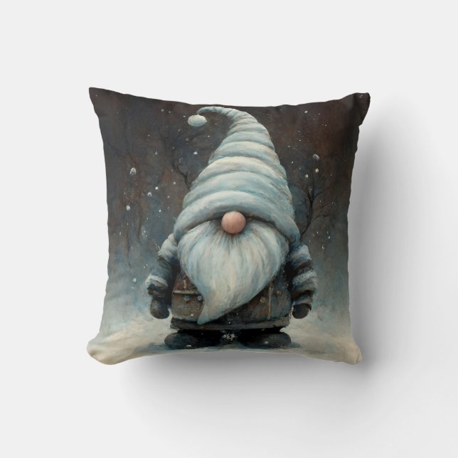 Winter Gnome in a Snowy Forest Throw Pillow (Front)