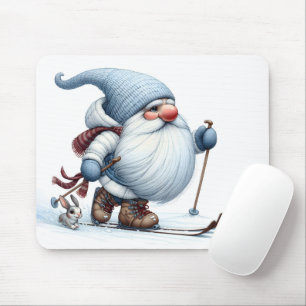 Winter Gnome Skiing With a Bunny Mouse Pad