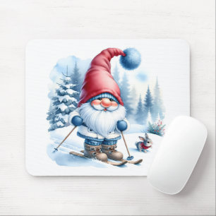 Winter Gnome Skiing With a Bunny Mouse Pad