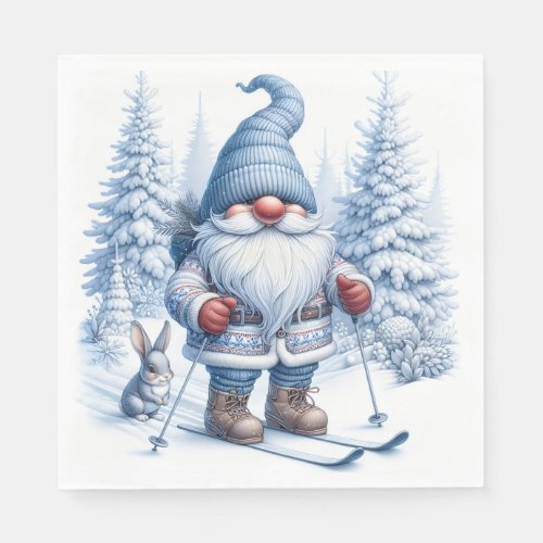 Winter Gnome Skiing With a Bunny Napkins