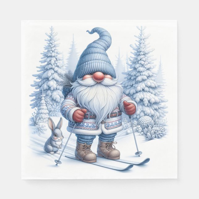 Winter Gnome Skiing With a Bunny Napkins (Front)