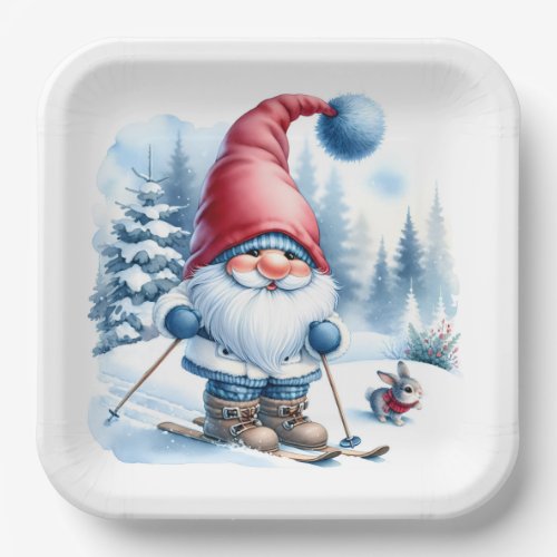 Winter Gnome Skiing With a Bunny Paper Plates
