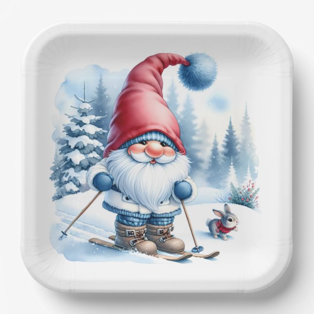 Winter Gnome Skiing With a Bunny Paper Plates (Front)