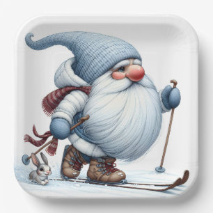 Winter Gnome Skiing With a Bunny Paper Plates