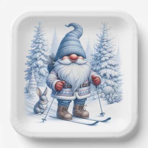 Winter Gnome Skiing With a Bunny Paper Plates