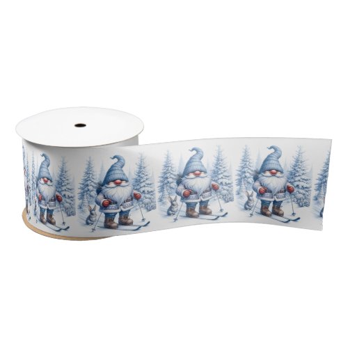 Winter Gnome Skiing With a Bunny Satin Ribbon