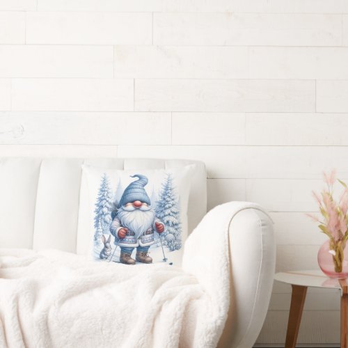 Winter Gnome Skiing With a Bunny Throw Pillow