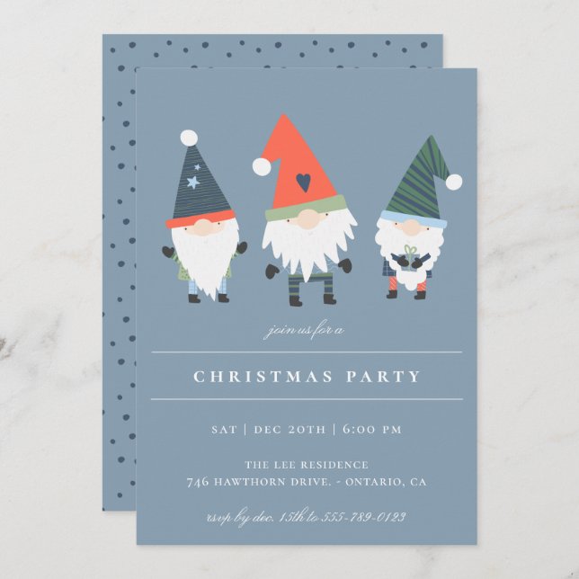 Winter Gnomes Blue Holiday Party Invitation (Front/Back)