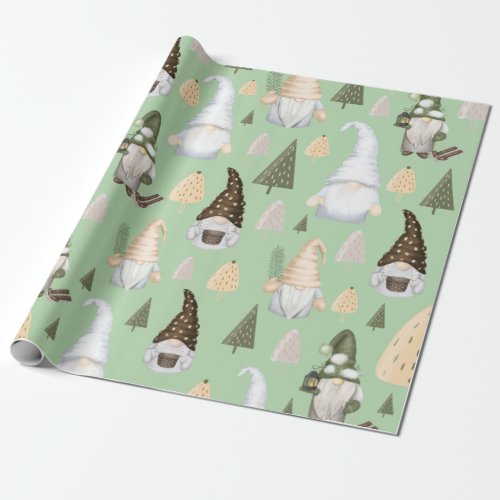 Winter Gnomes Green Wrapping Paper