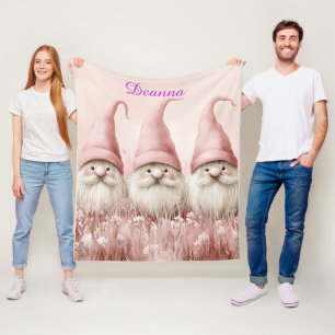 Winter Gnomes Pink Hats White Flowers Fleece Blanket