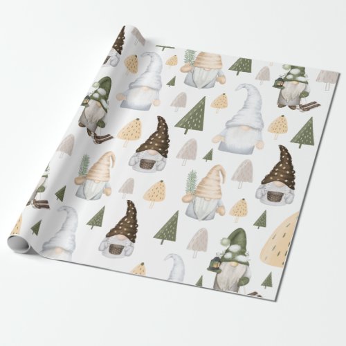 Winter Gnomes Trees White Wrapping Paper