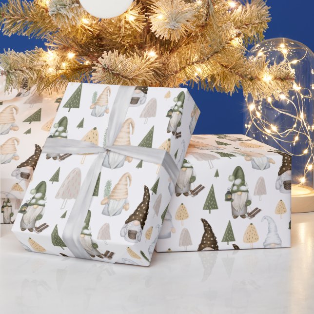 Winter Gnomes Trees White Wrapping Paper (Holidays)