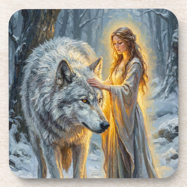 Winter Goddess & White Wolf Beverage Coaster (Front)