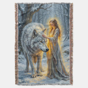 Winter Goddess & White Wolf Throw Blanket