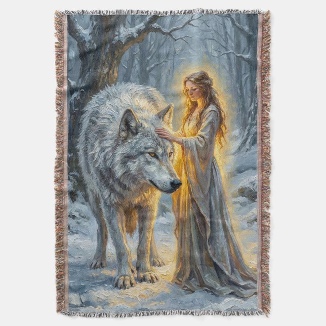 Winter Goddess & White Wolf Throw Blanket (Front Vertical)